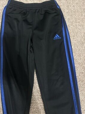 boys Adidas Black Joggers with Blue Side Stripes